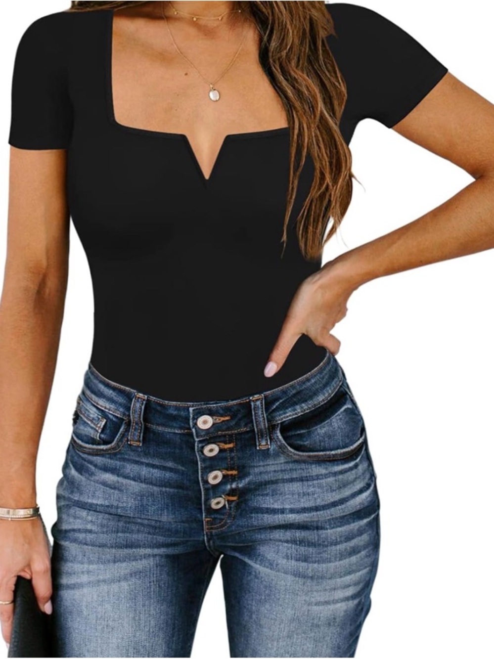 Square V-Notch Short Sleeve Bodysuit - Black - double lined